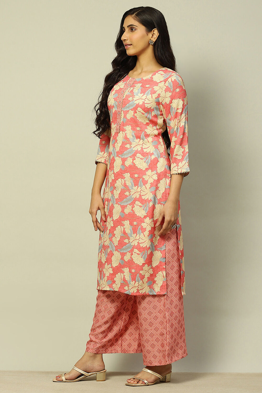 Coral Floral Printed Straight Kurta Palazzo Set image number 3