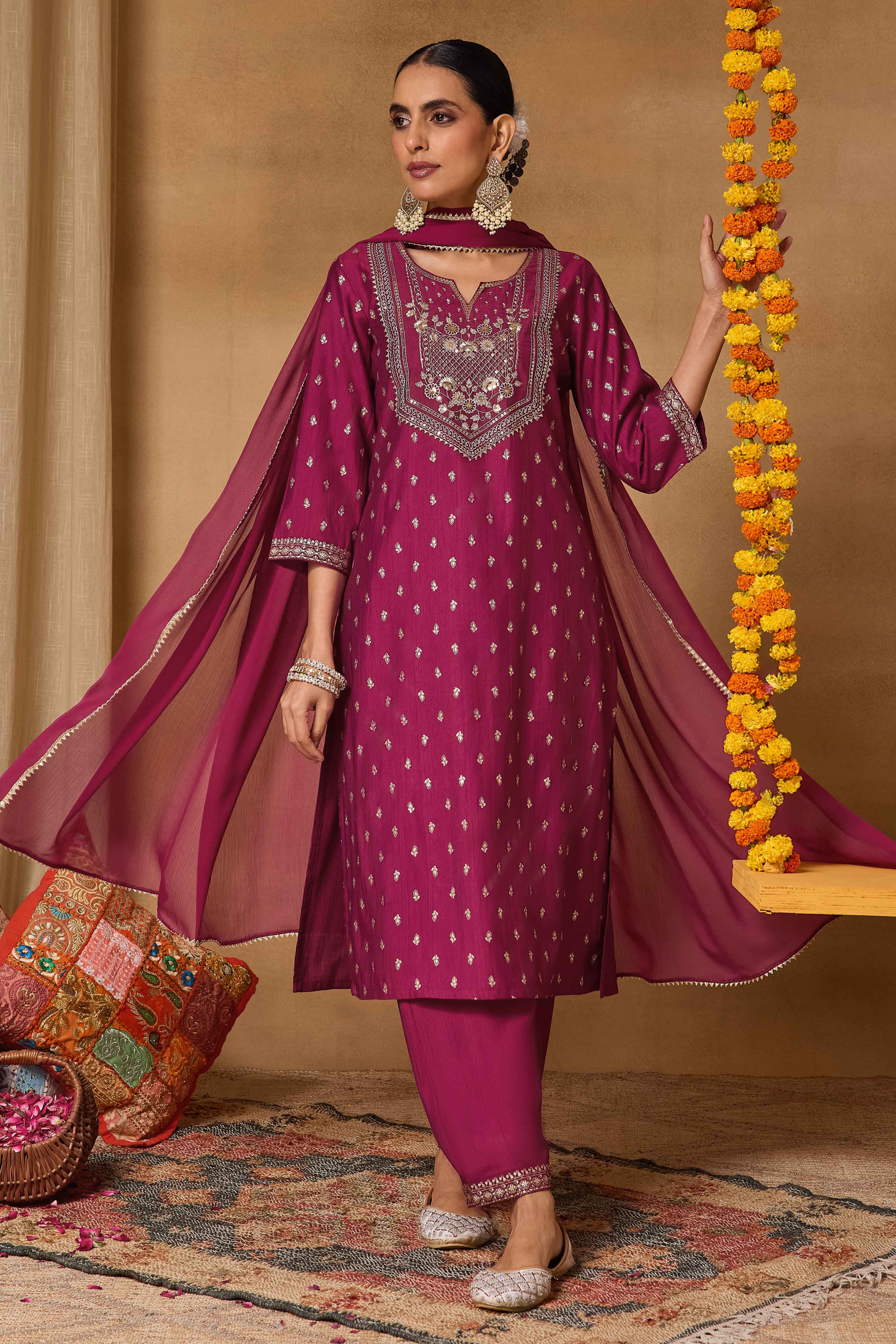Maroon Viscose Blend Straight Printed Suit Set image number 0