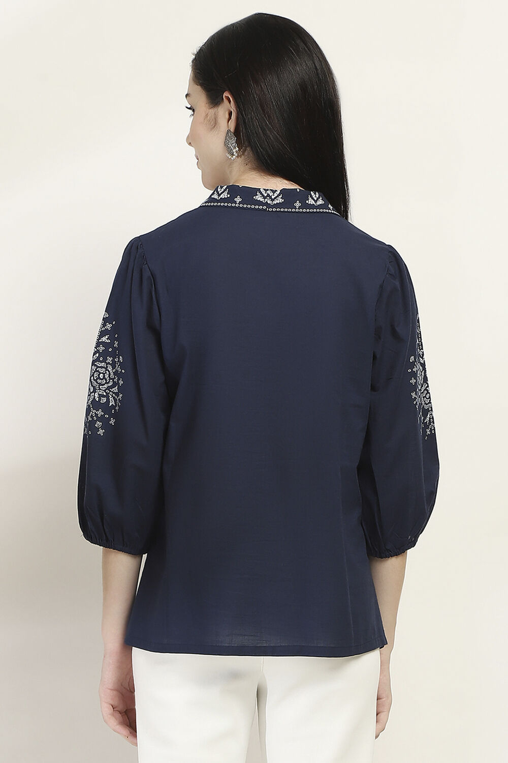 Navy Blue Printed Straight Shirt-Style Indie Top image number 3