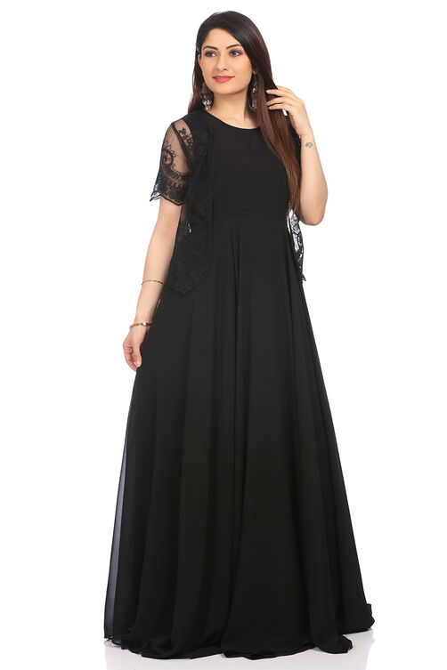Black Art Silk Kurta Gown image number 2