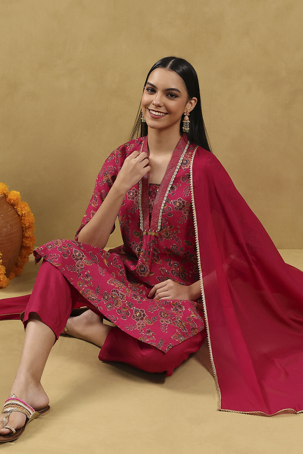 Pink Viscose Blend Printed Straight Suit Set image number 0