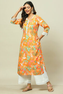 Orange LIVA Straight Kurta image number 2