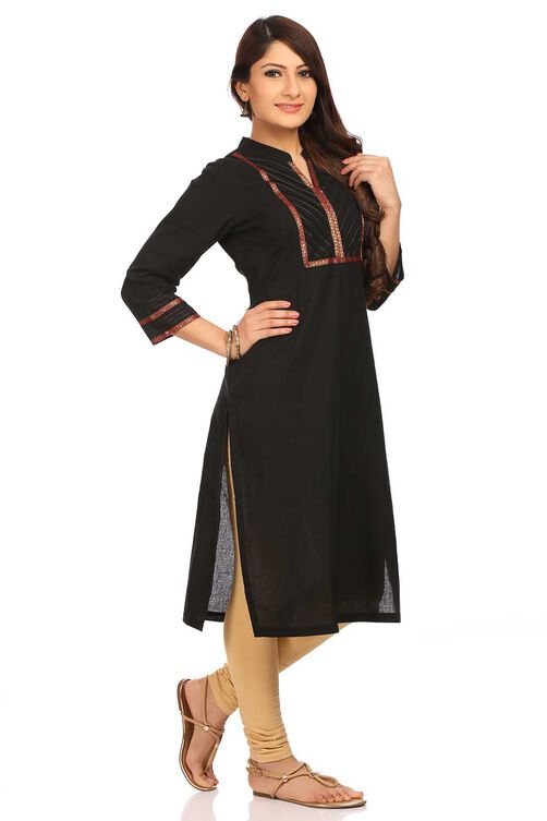 Black Straight Cotton Kurta image number 1