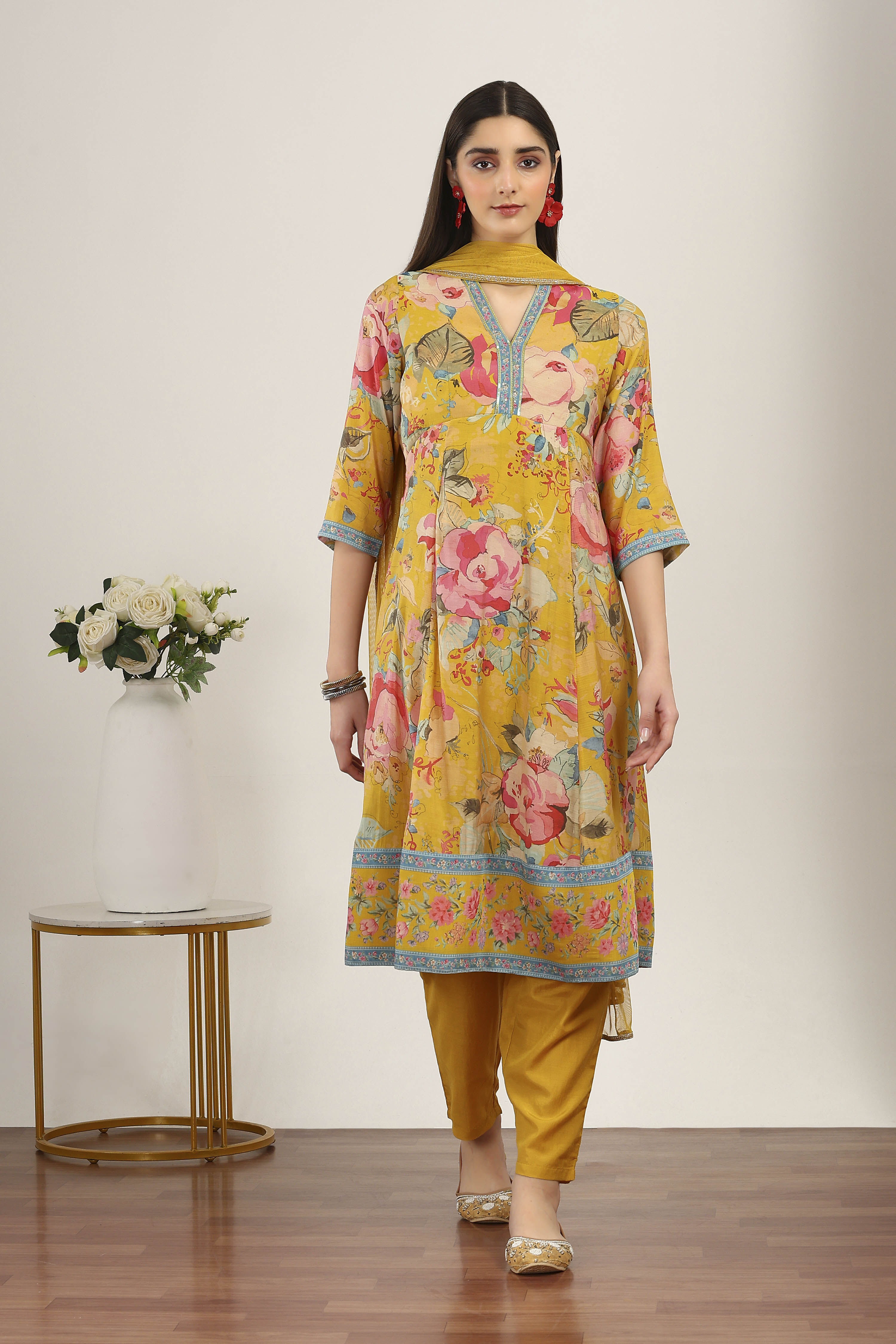 Yellow Viscose Polyester Kalidar Suit Sets image number 7