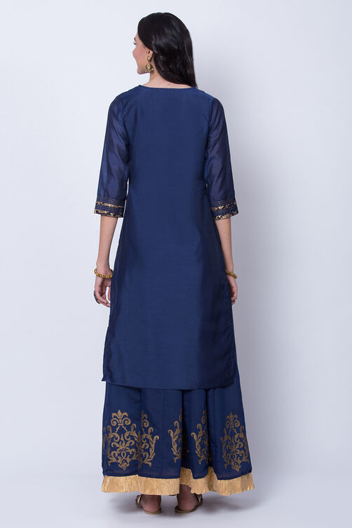Navy Blue Poly Chanderi Straight Suit Set image number 5