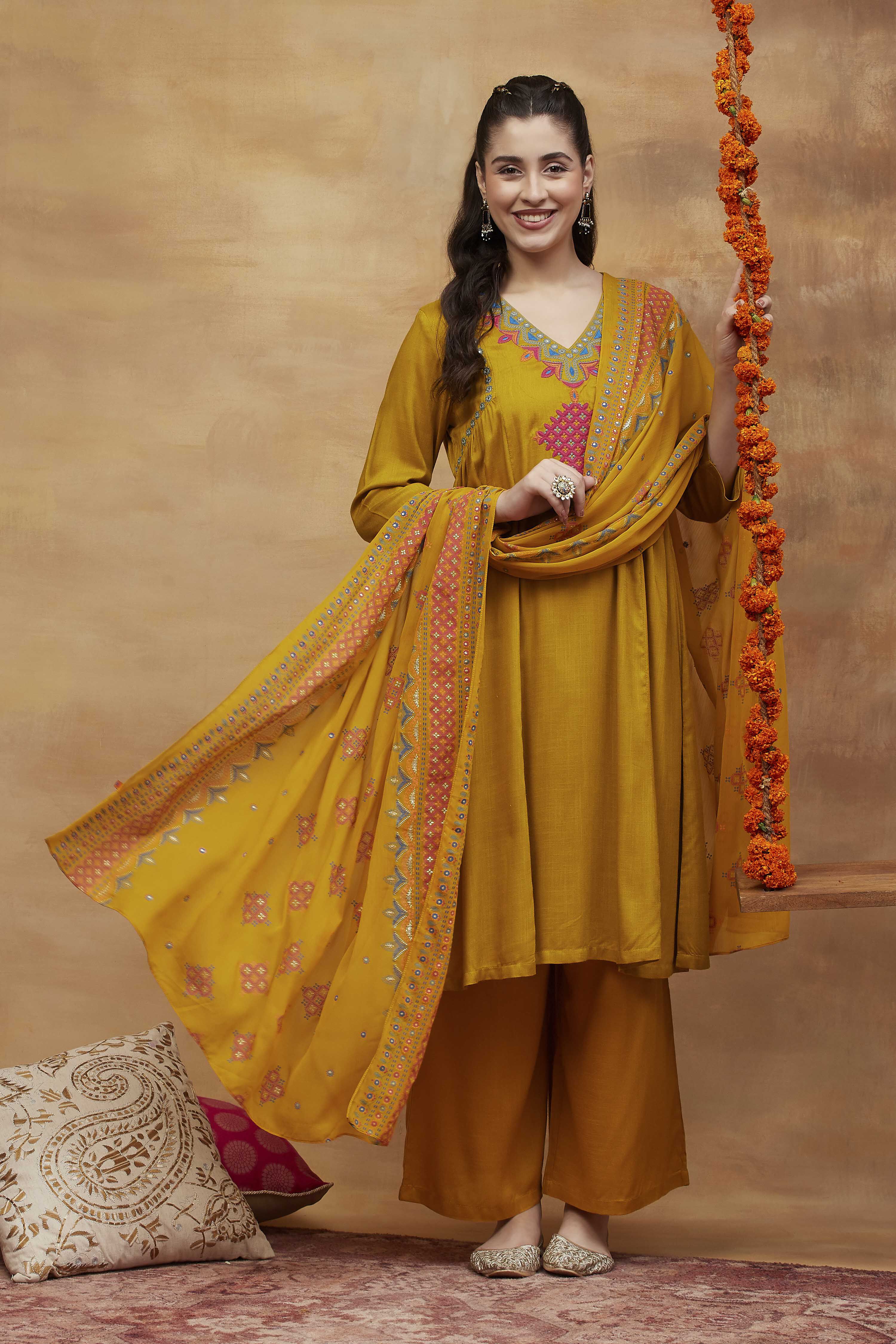 Yellow Viscose Rayon A-Line Solid  image number 0