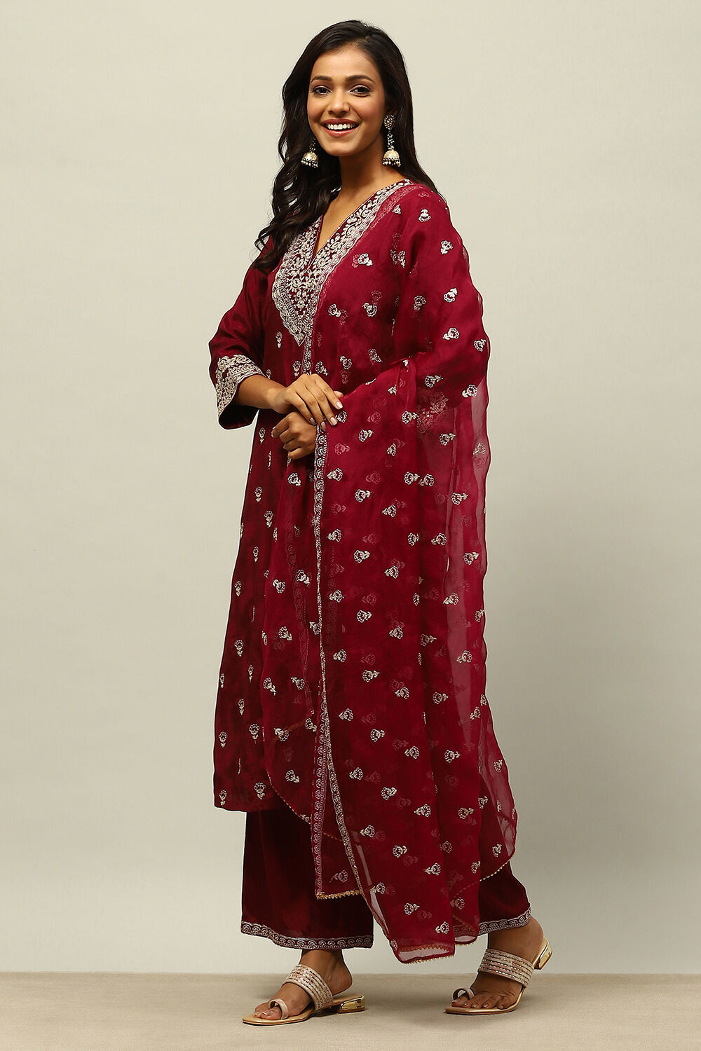 Wine Viscose Shantoon Straight Embroidered Kurta Palazzo Suit Set image number 3