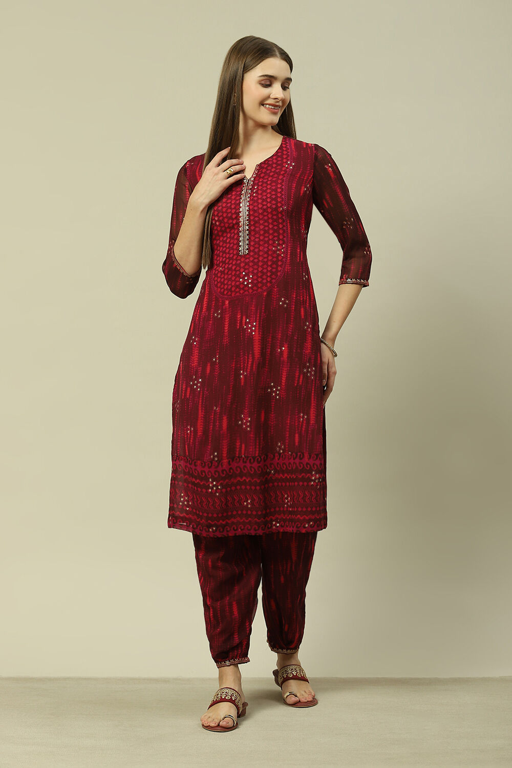 Wine Polyester Straight Printed Kurta Palazzo Suit Set image number 0
