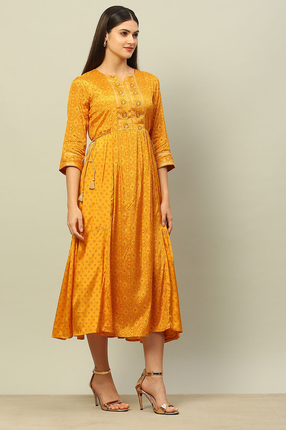 Yellow Viscose Shantoon Printed Tiered Dress image number 4