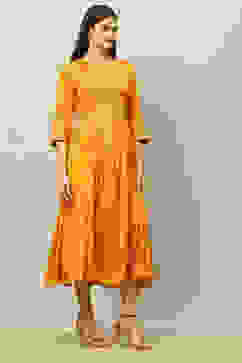 Yellow Viscose Shantoon Printed Tiered Dress image number 4