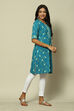 Teal Blue Viscose Straight Printed Kurta image number 3