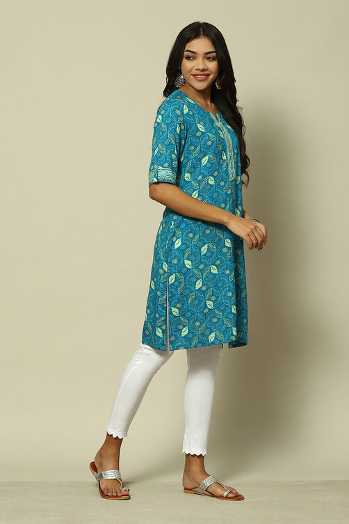 Teal Blue Viscose Straight Printed Kurta image number 3