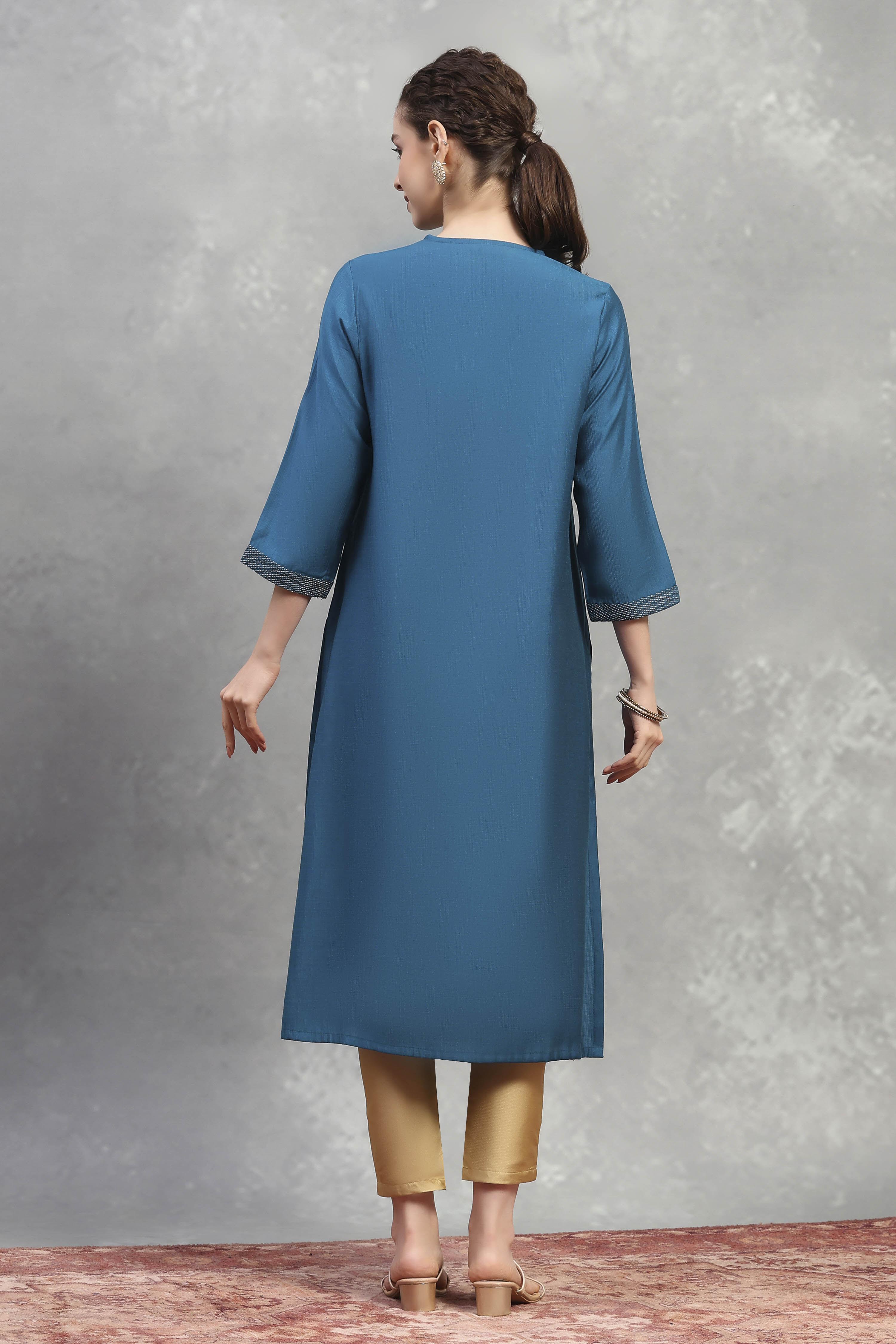 Teal Viscose Blend Solid Straight Kurta image number 3