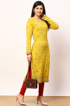 Mustard Jacquard Straight Kurta image number 3