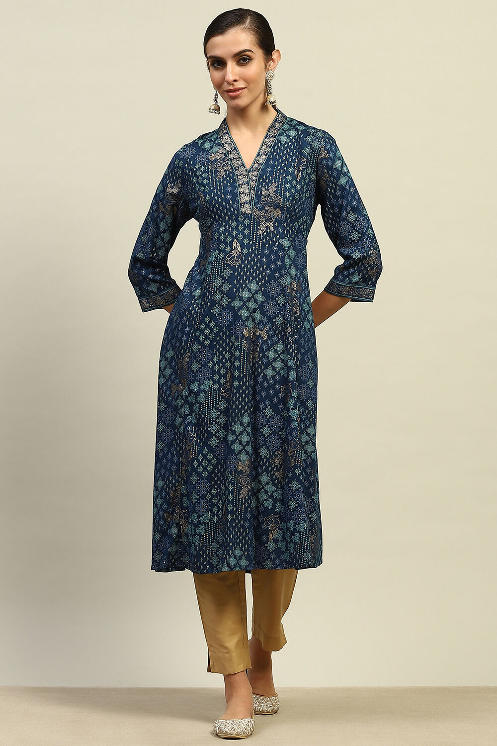 Teal Printed A-line Kurta image number 0