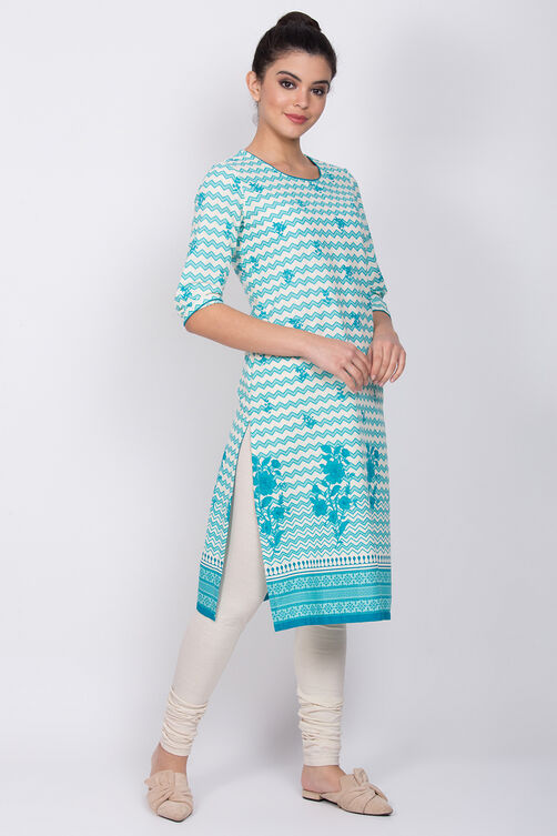 Turquoise Cotton Straight Kurta image number 3