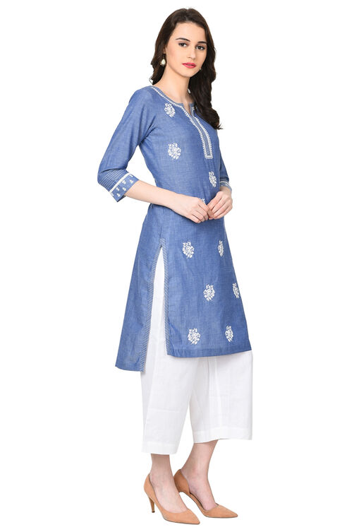 Blue Straight Chambray Kurta image number 2