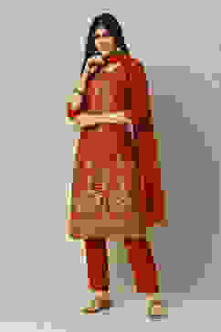 Rust LIVA Straight Printed Kurta Palazzo Suit Set image number 7