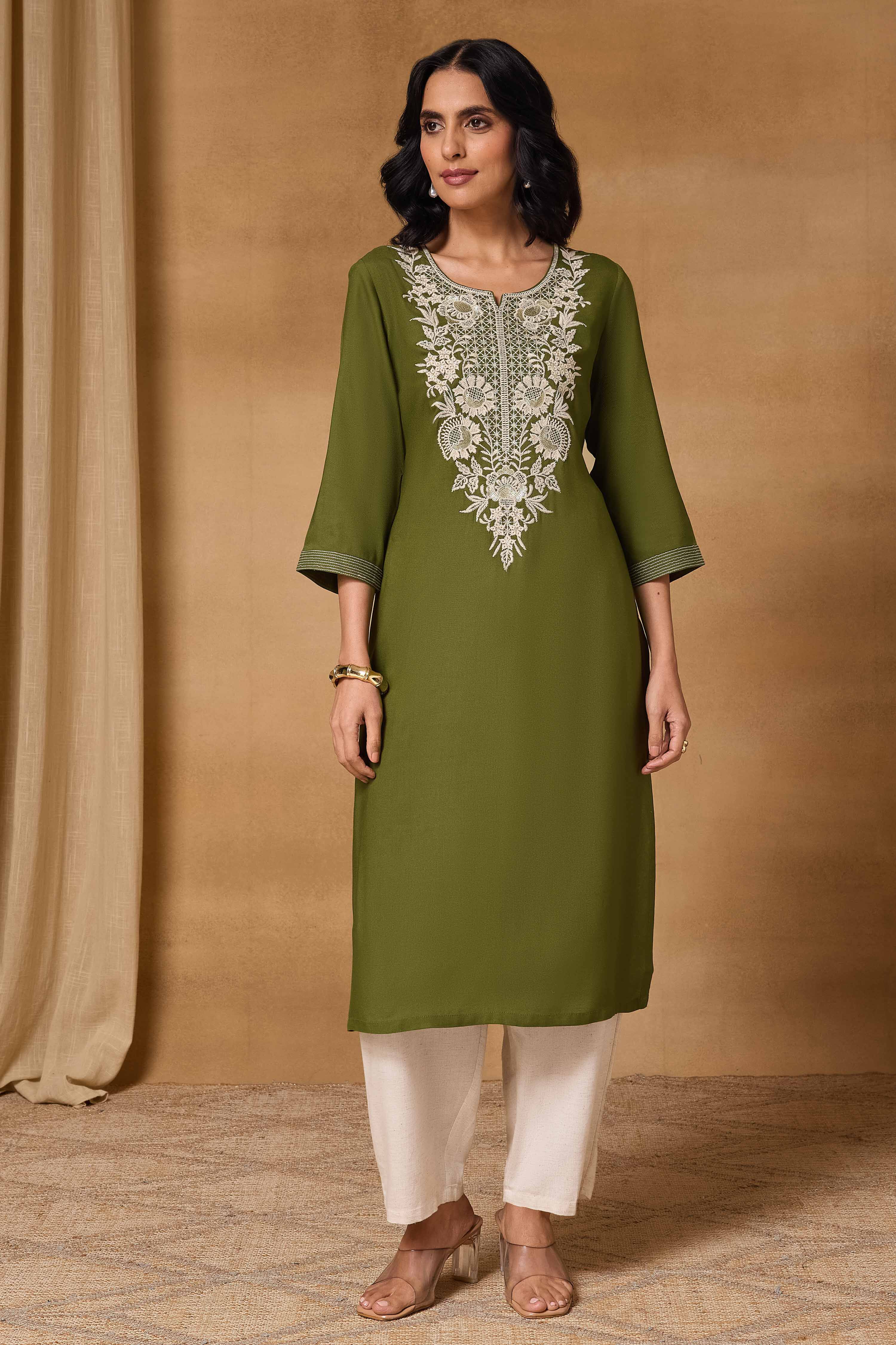 Olive Viscose Rayon Straight Printed Kurta image number 6