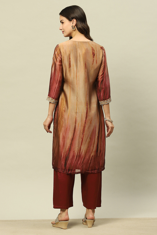 Gold Crepe Georgette Straight Printed Kurta Palazzo Suit Set image number 4