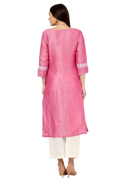Pink Straight Poly Cotton Kurta image number 3