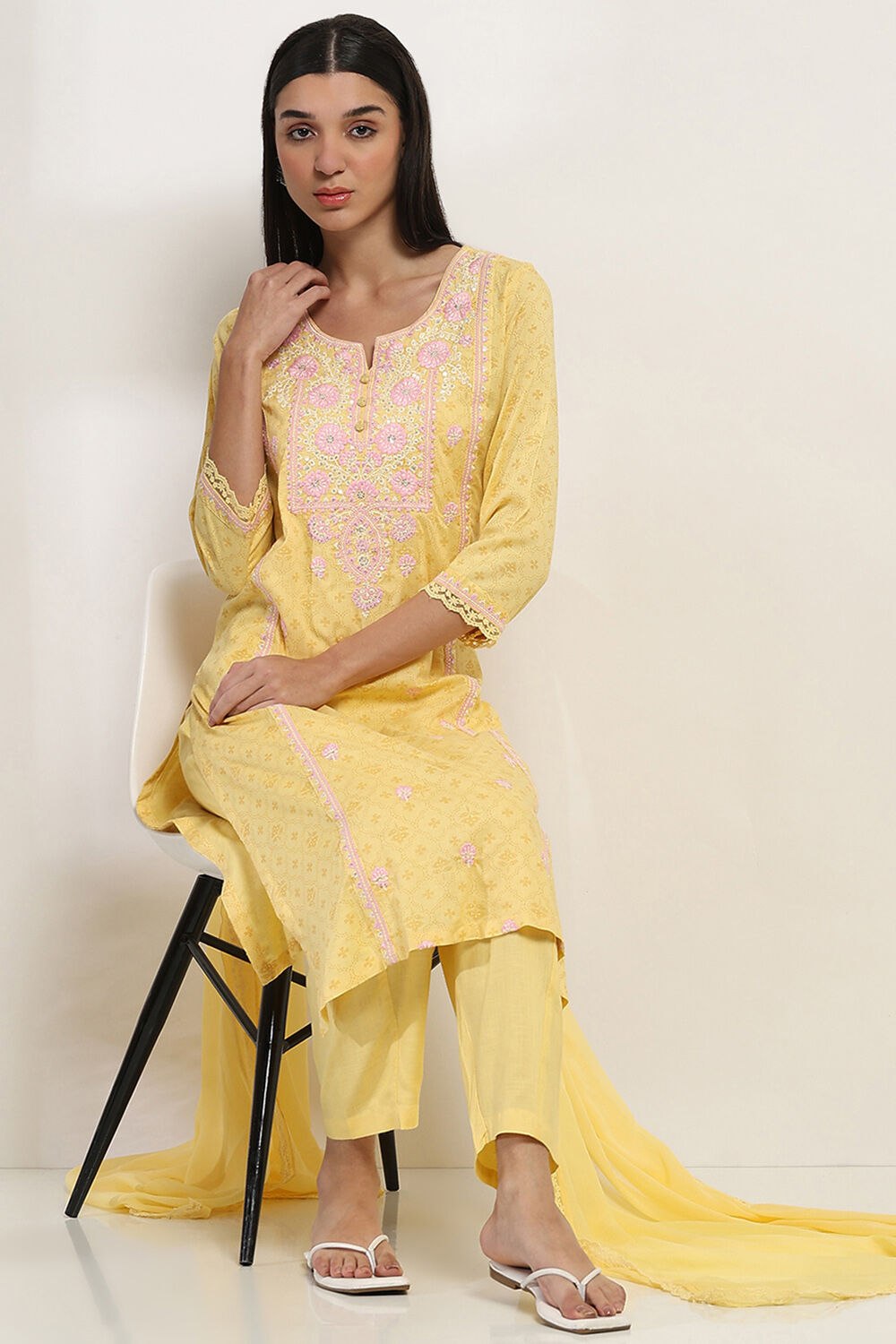 Yellow Printed Straight Suit Set image number 0