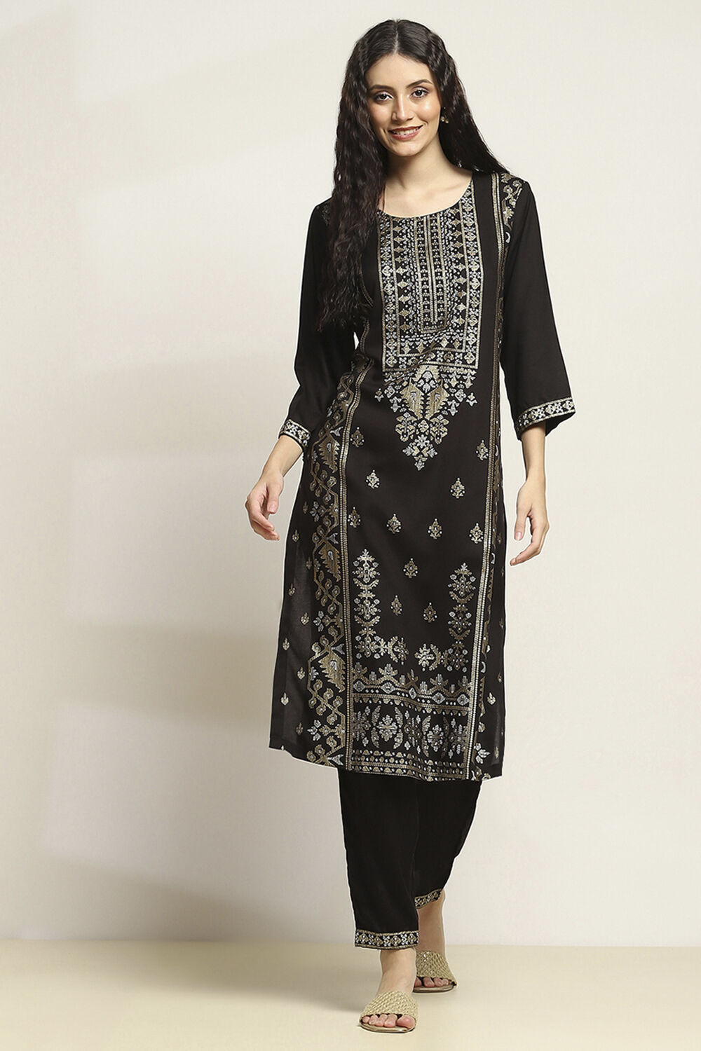 Black Viscose Rayon Printed Straight Kurta Pants Set image number 0