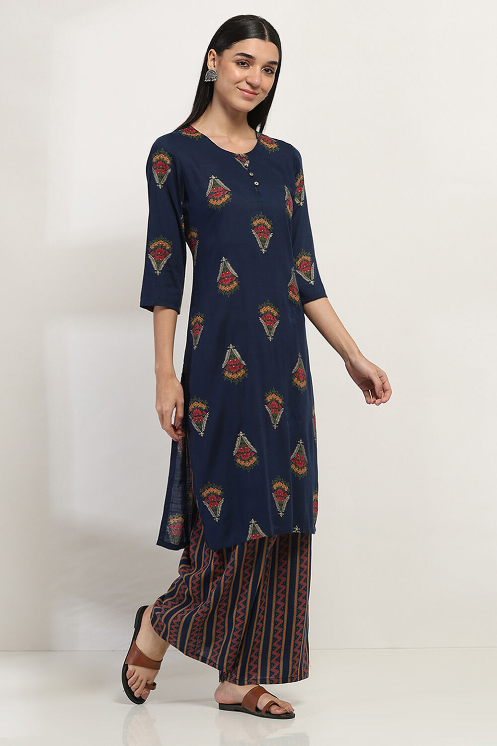 Navy Blue Printed Straight Kurta Set image number 5