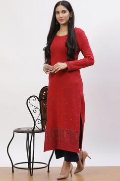 Red Jacquard Straight Kurta image number 0