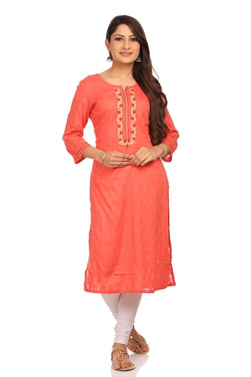 Peach Straight Cotton Kurta image number 0
