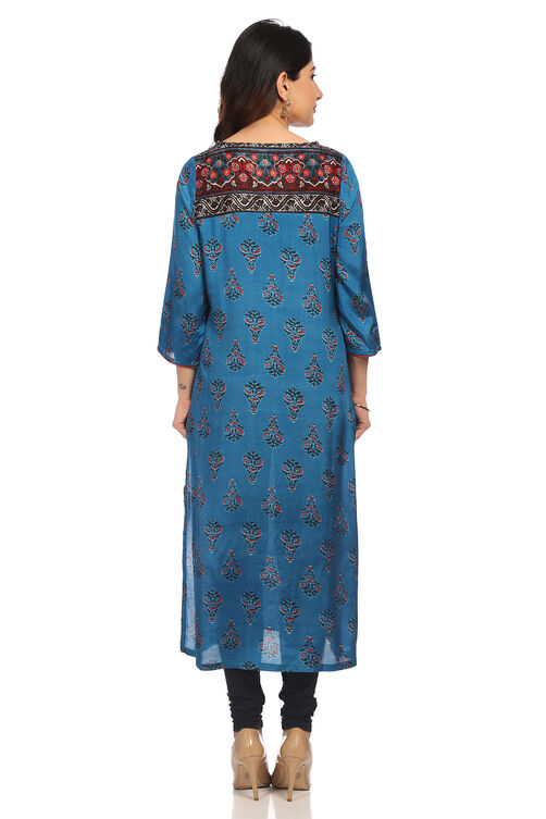 Teal Blue Straight Viscose Kurta image number 4