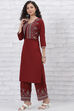 Red LIVA Schiffli Kurta Pants Set image number 3