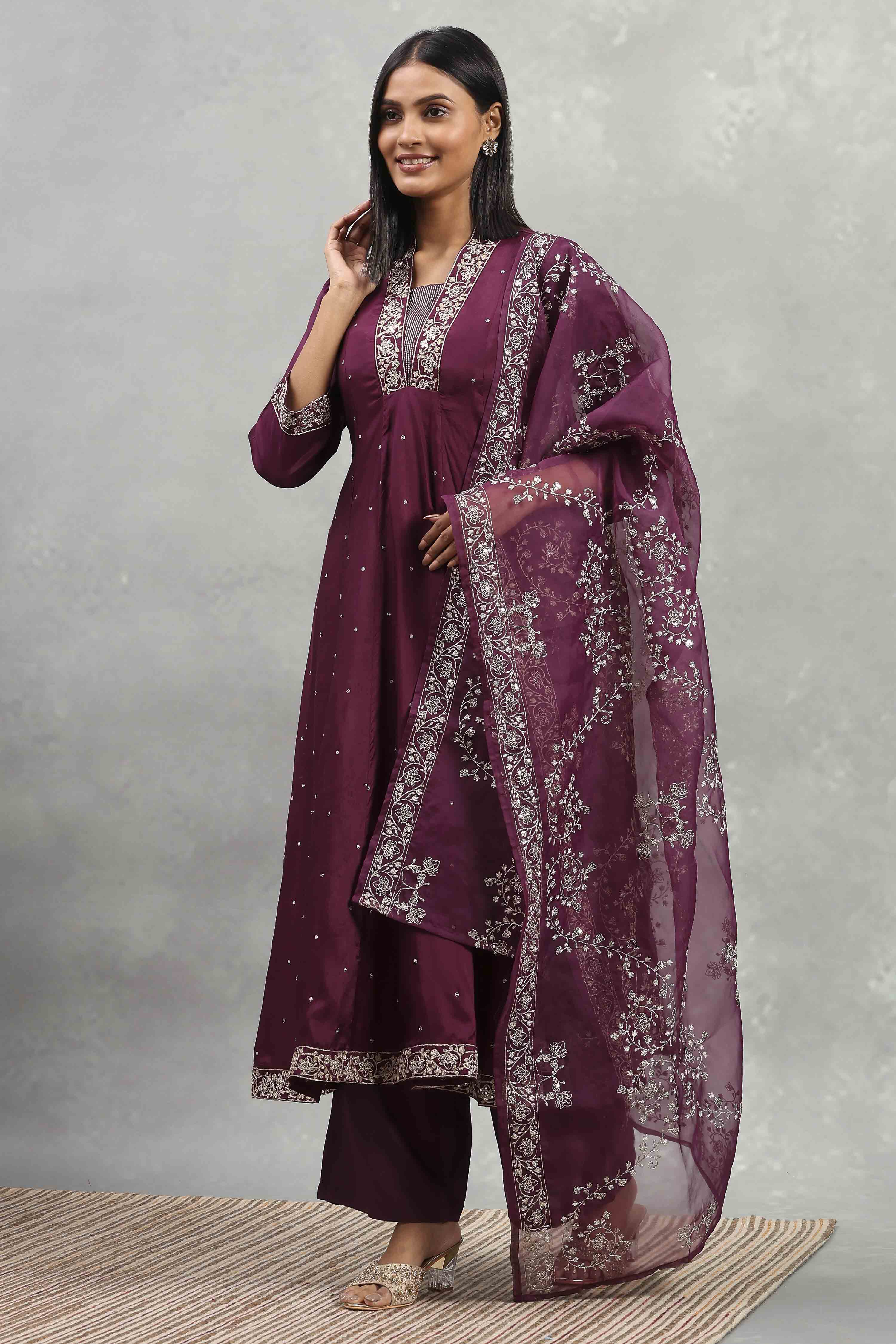 Purple Viscose Rayon Embroidered Kalidar Suit Set image number 3
