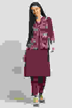 Wine Viscose Blend Printed Straight Kurta Pants Set image number 6