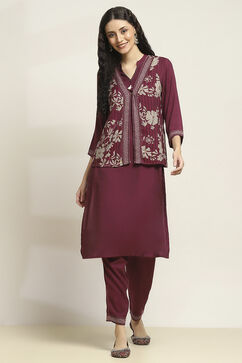 Wine Viscose Blend Printed Straight Kurta Pants Set image number 6