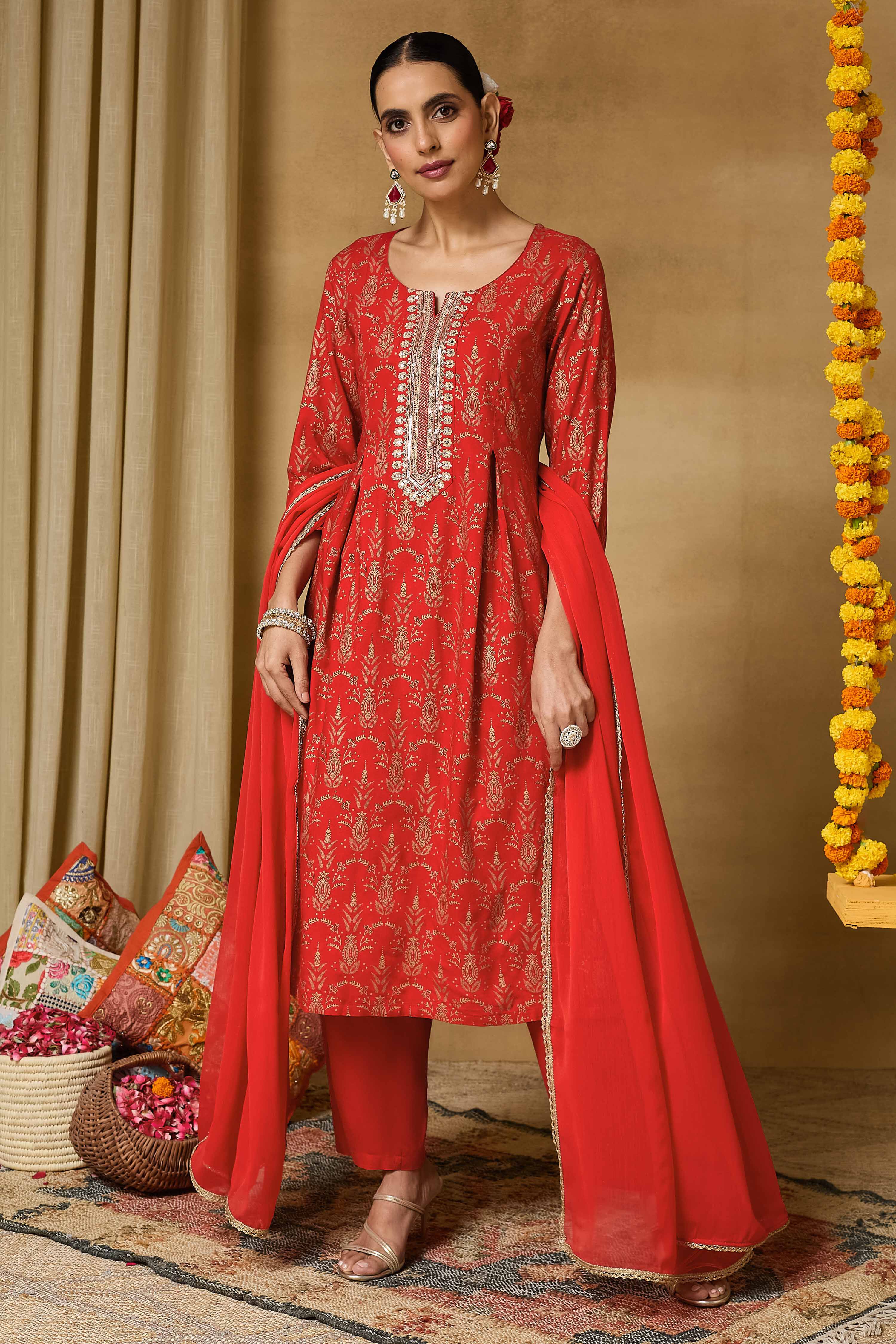 Red Viscose Rayon Straight Printed Suit Set image number 7