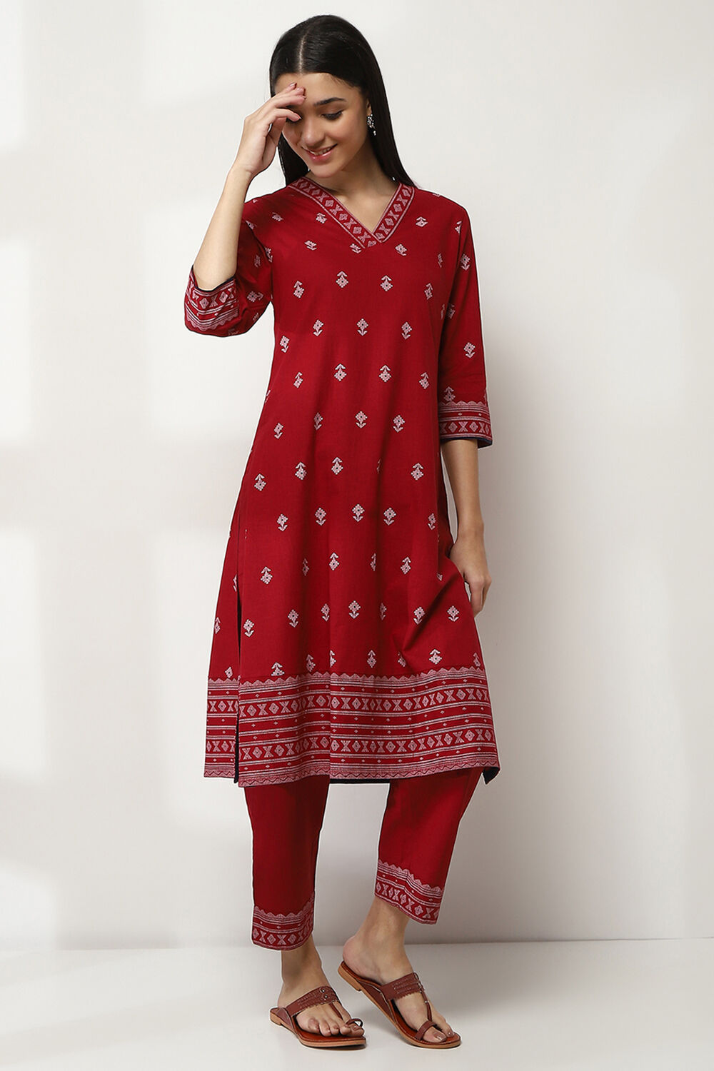 Navy Blue Cotton Printed Straight Kurta Set image number 5