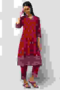Maroon Cotton Printed Straight Kurta Set image number 5