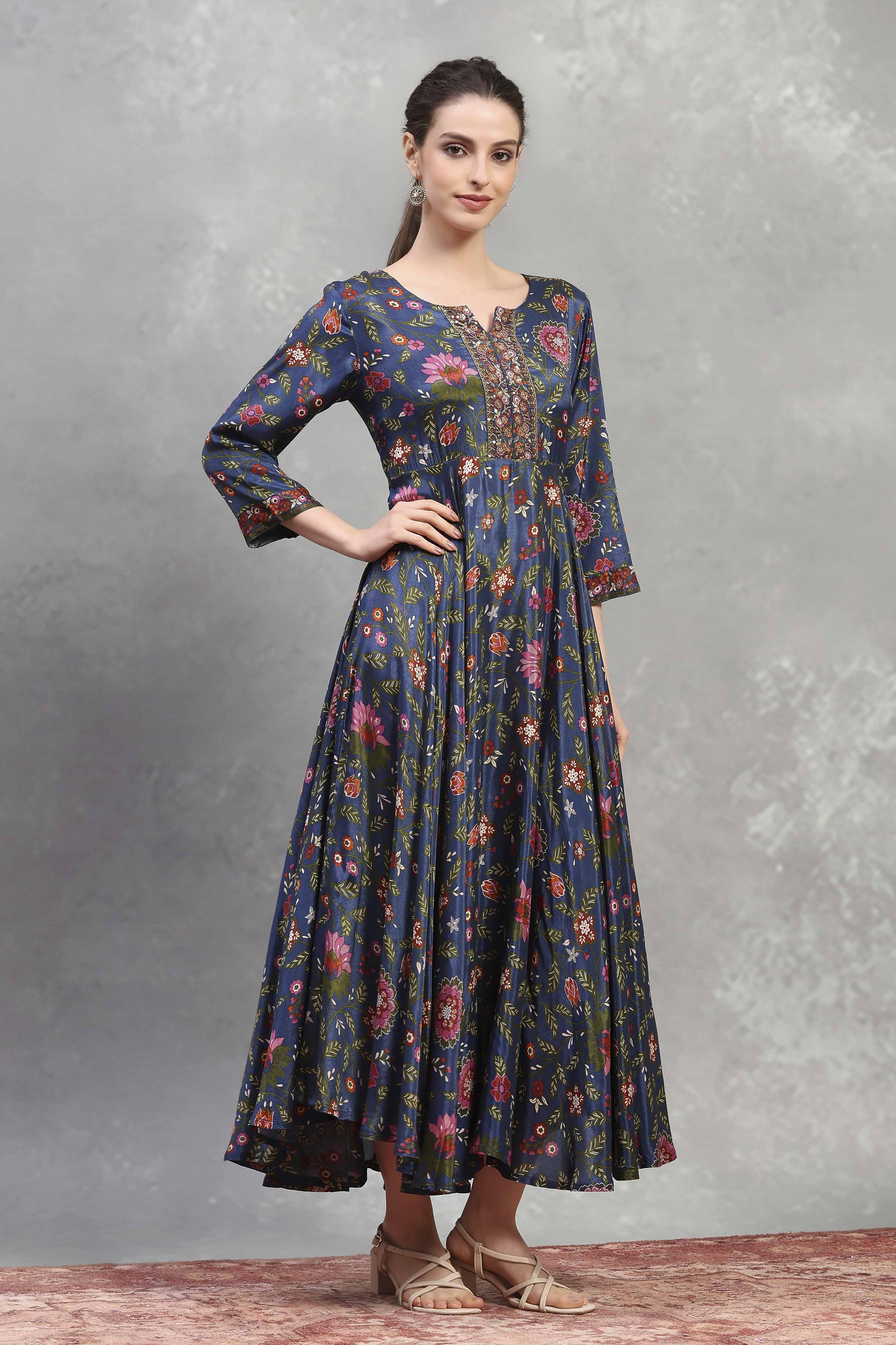Blue Viscose Rayon Printed Flared Dress image number 4