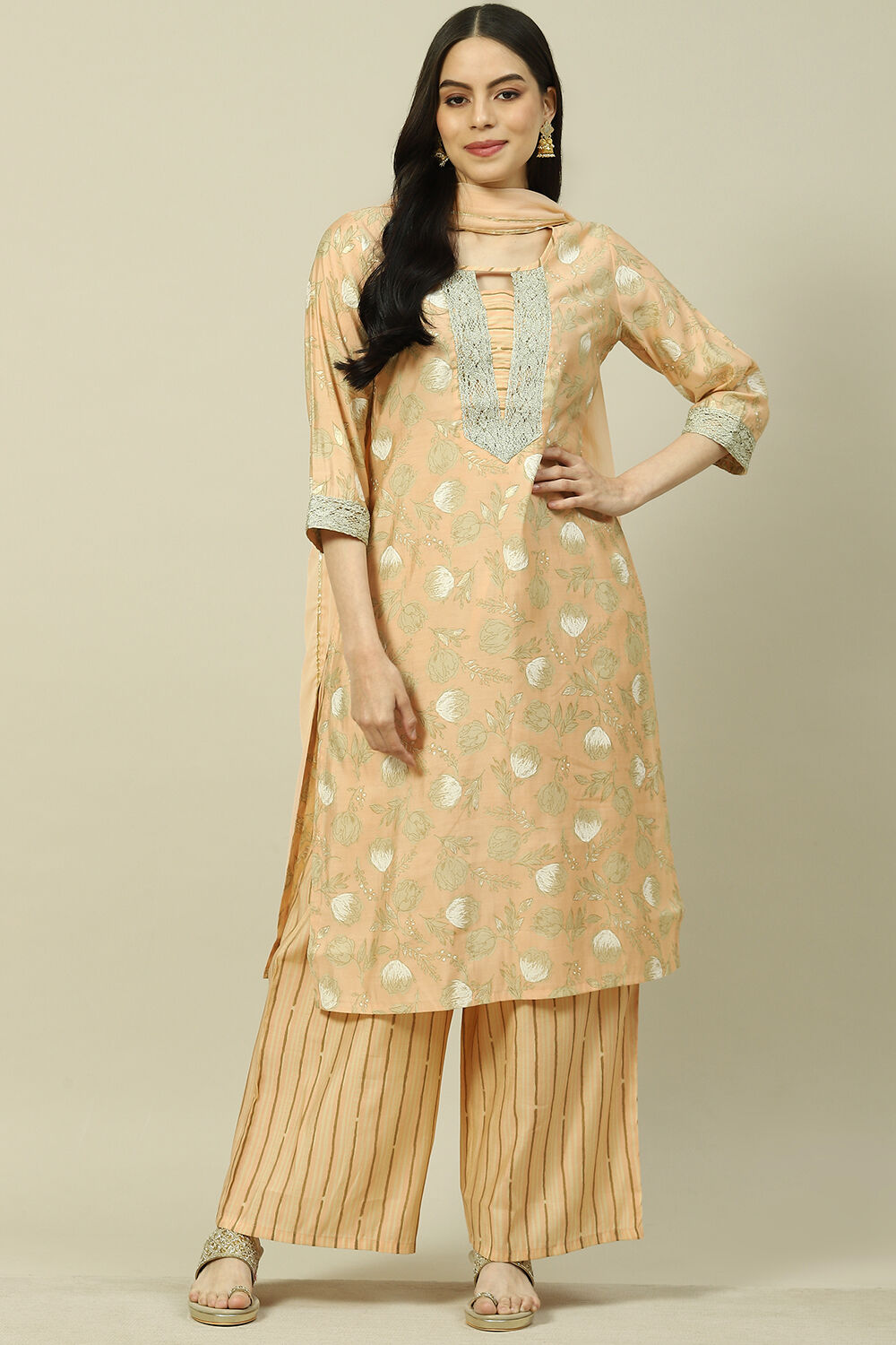 Peach Cotton Blend Woven Straight Kurta Suit Set image number 7