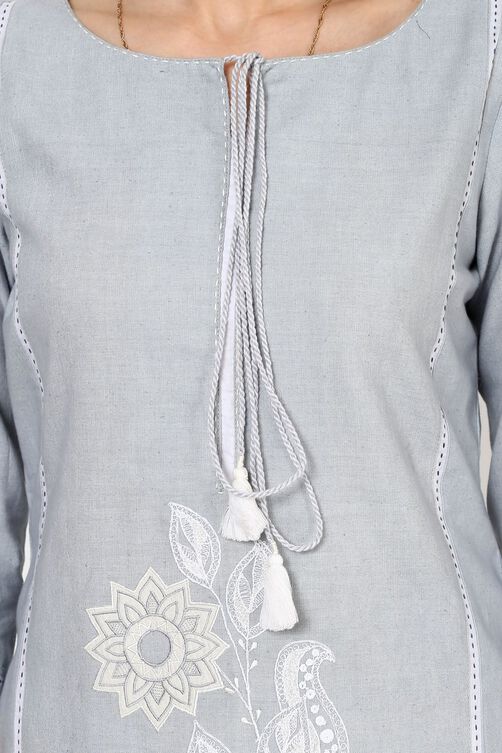 Grey Straight Cotton Kurta image number 4