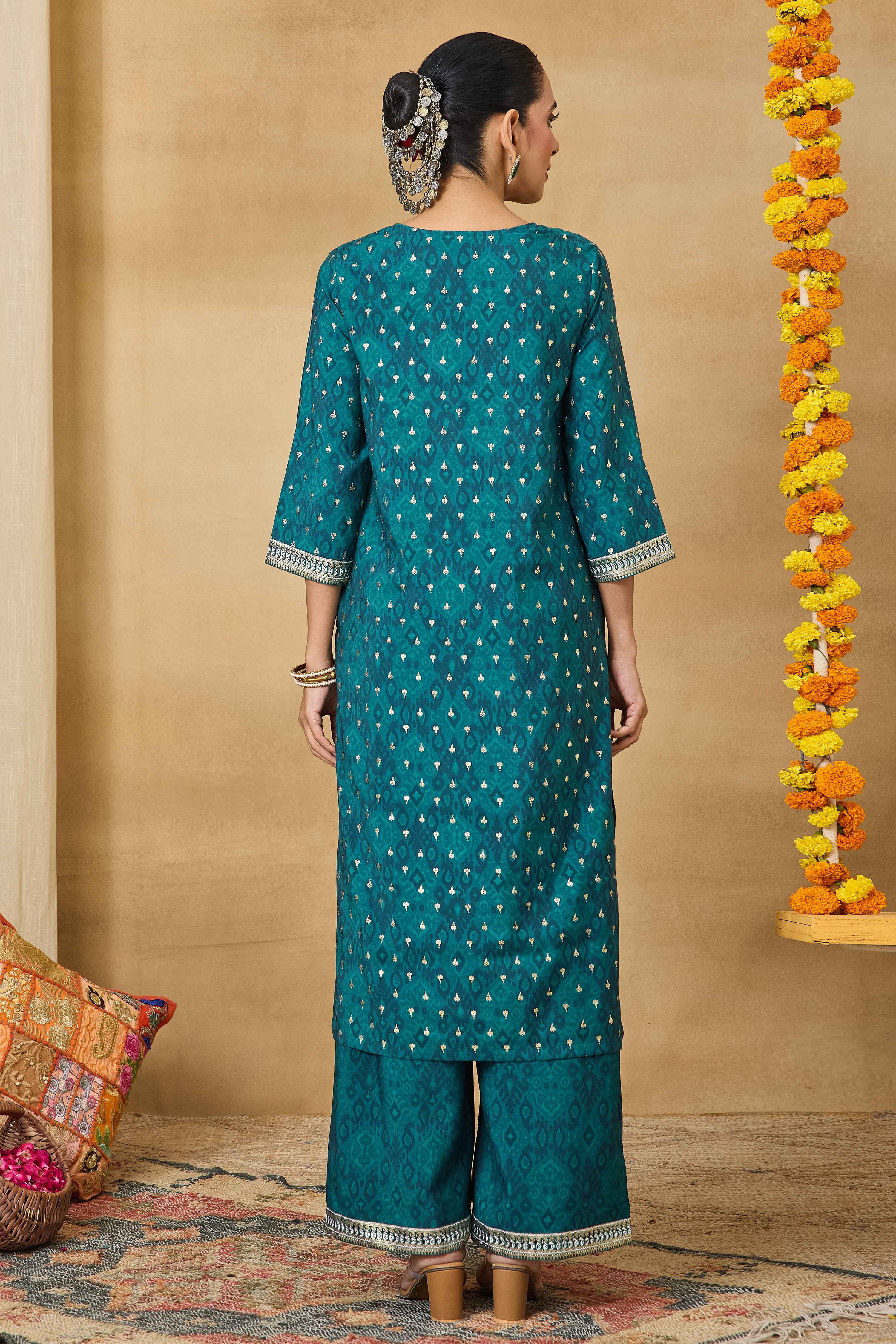 Teal Viscose Blend Straight Printed Suit Set image number 5