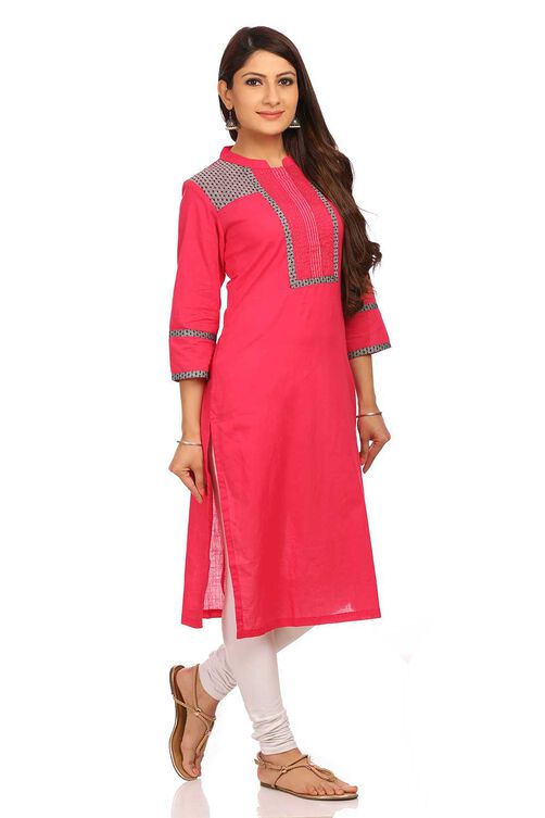 Pink Straight Cotton Kurta image number 1
