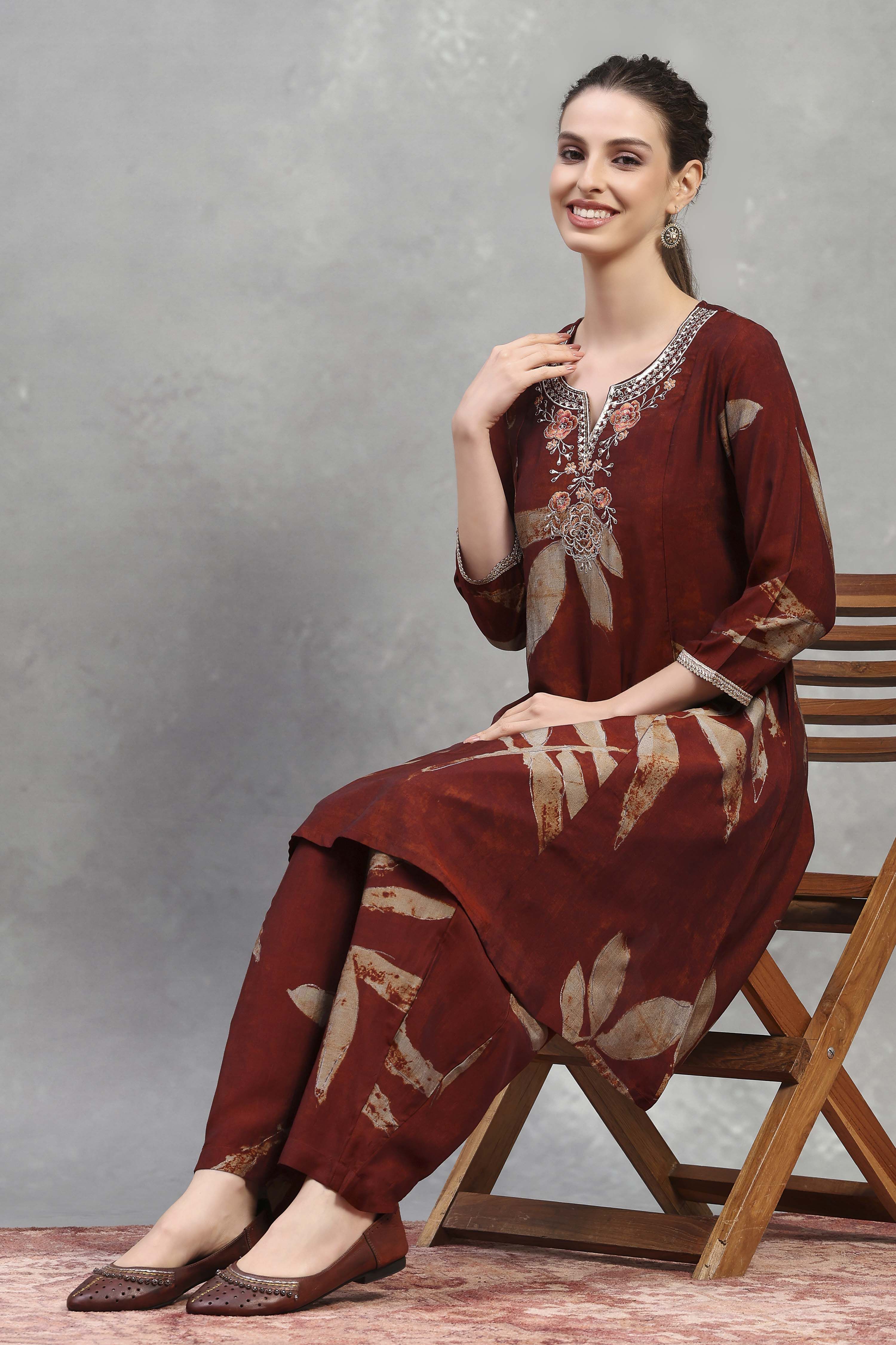 Blue Rust Viscose Blend Printed Kalidar Kurta Pants Set image number 0