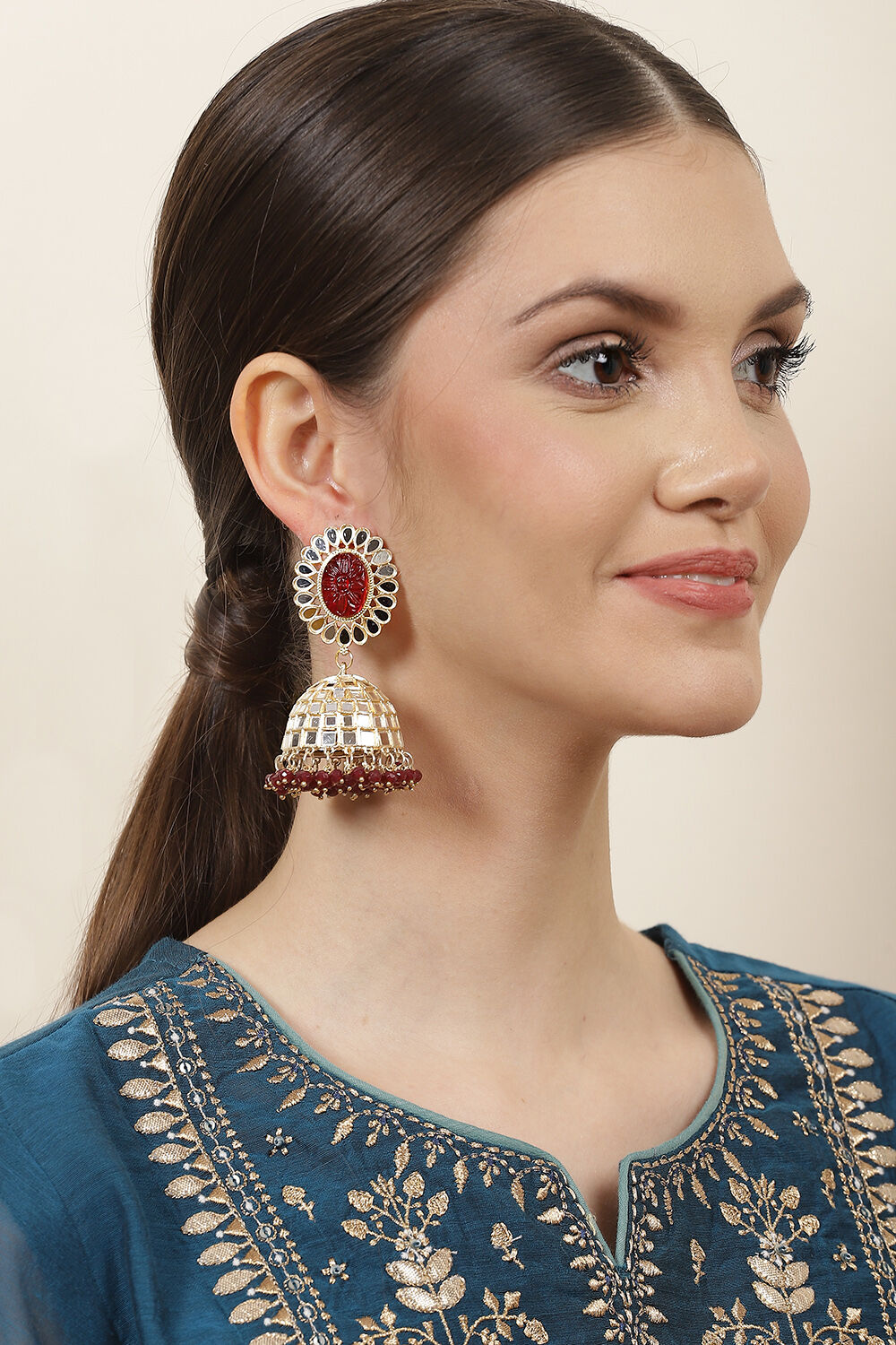 Maroon Mirror Work Jhumkas image number 3