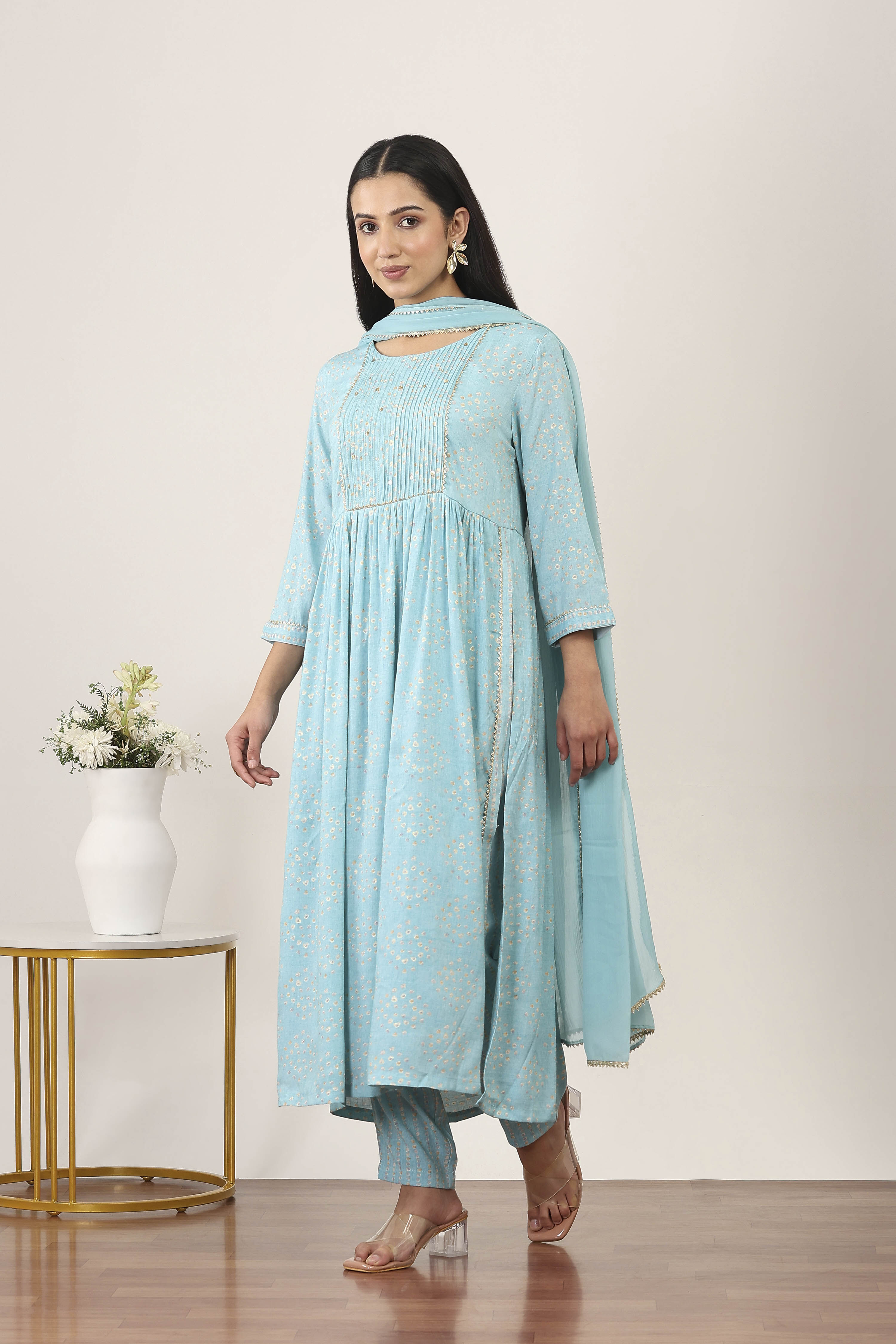 Blue Viscose Polyester Straight Suit Set image number 3