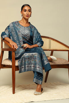 Petrol Blue Acrylic Straight Yarn Dyed Kurta Palazzo Suit Set image number 7