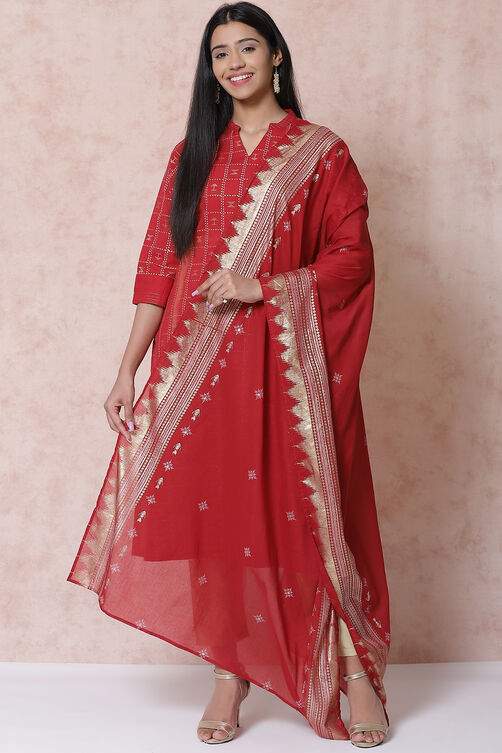 Red Cotton Flax Straight Kurta image number 3