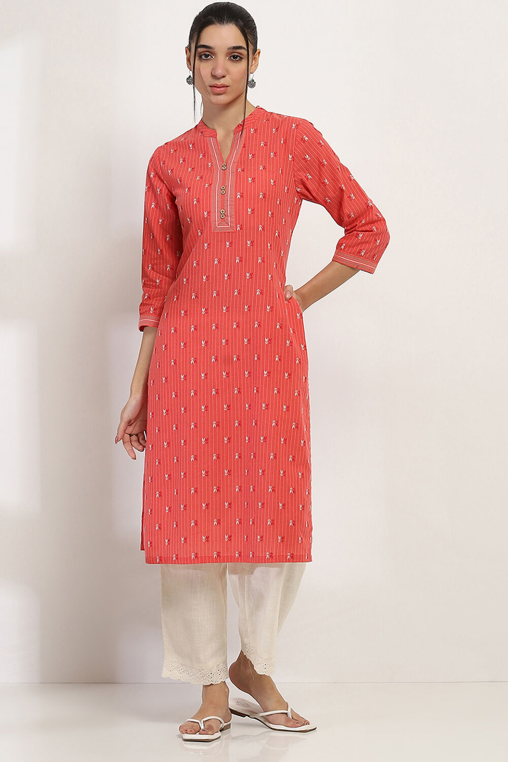 Coral Cotton Straight Kurta image number 5