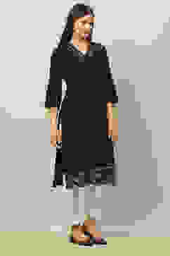 Black Cotton Jacquard Yarndyed Straight Kurta image number 4